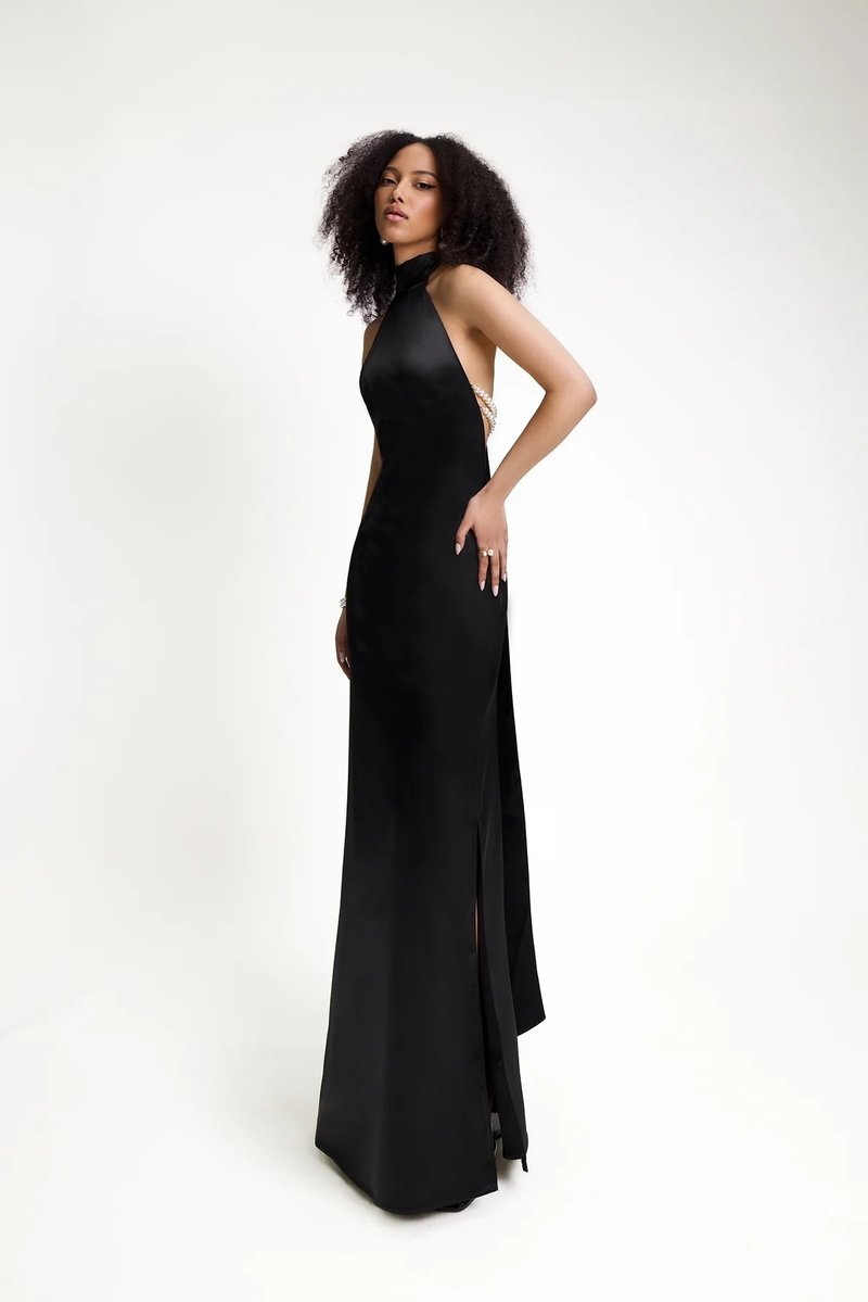 High Neck Satin Maxi Dress H6428