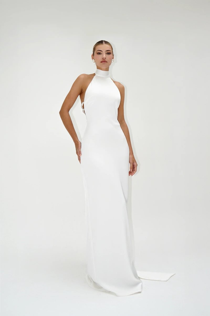 High Neck Satin Maxi Dress H6428