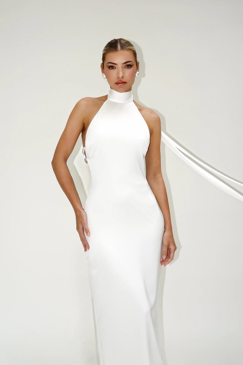 High Neck Satin Maxi Dress H6428