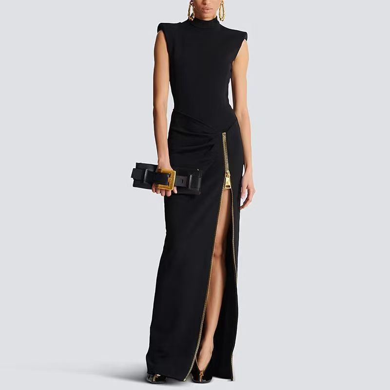 High Neck Sleeveless Zip Front Maxi Dress H7048