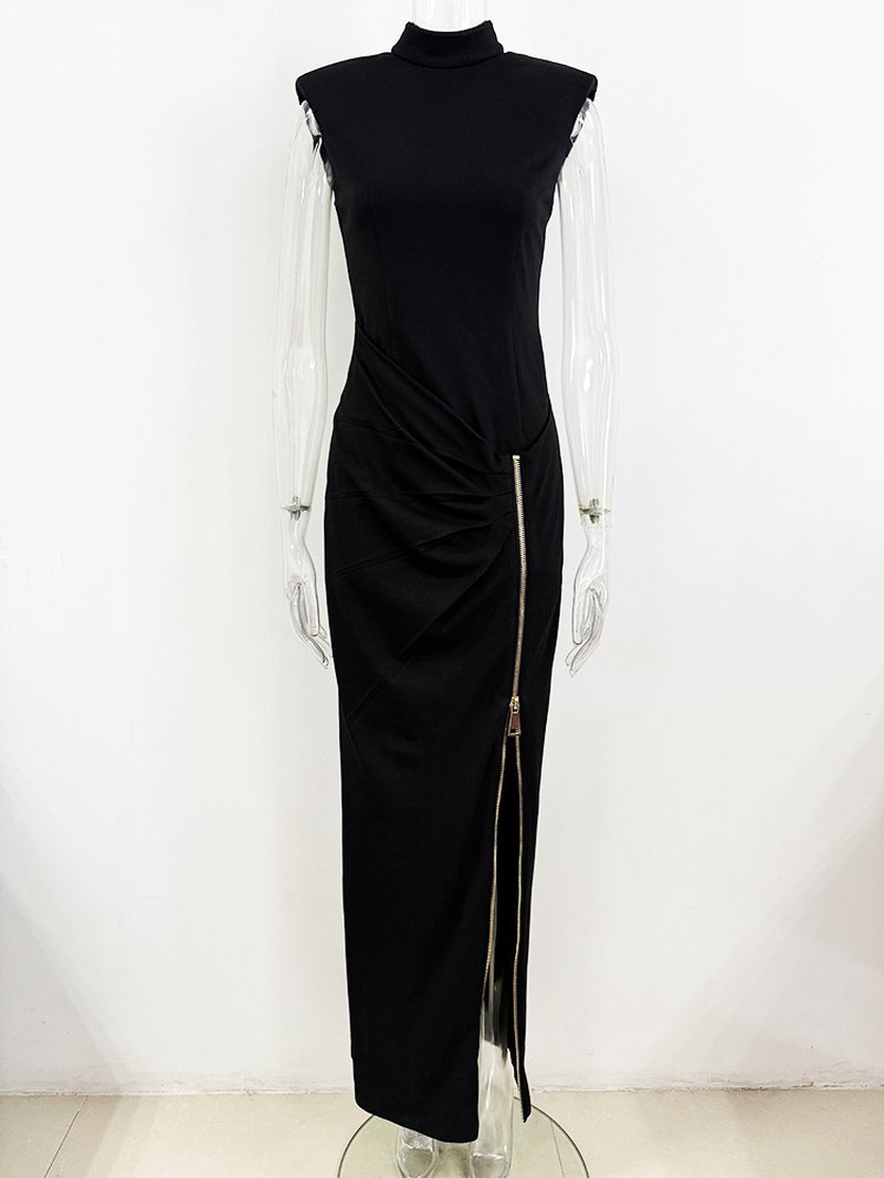High Neck Sleeveless Zip Front Maxi Dress H7048