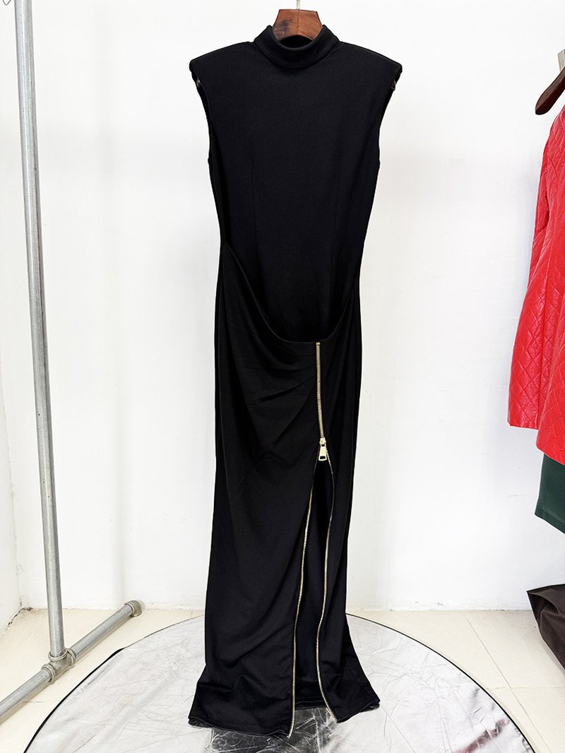 High Neck Sleeveless Zip Front Maxi Dress H7048