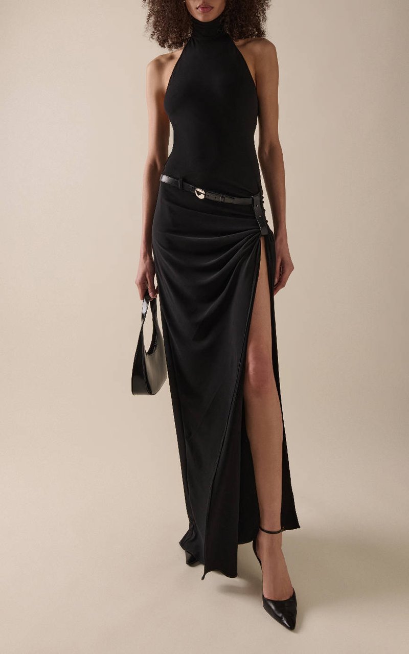High Slit Draped Black Maxi Dress H6789