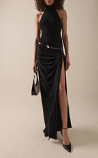 High Slit Draped Black Maxi Dress H6789