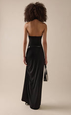 High Slit Draped Black Maxi Dress H6789