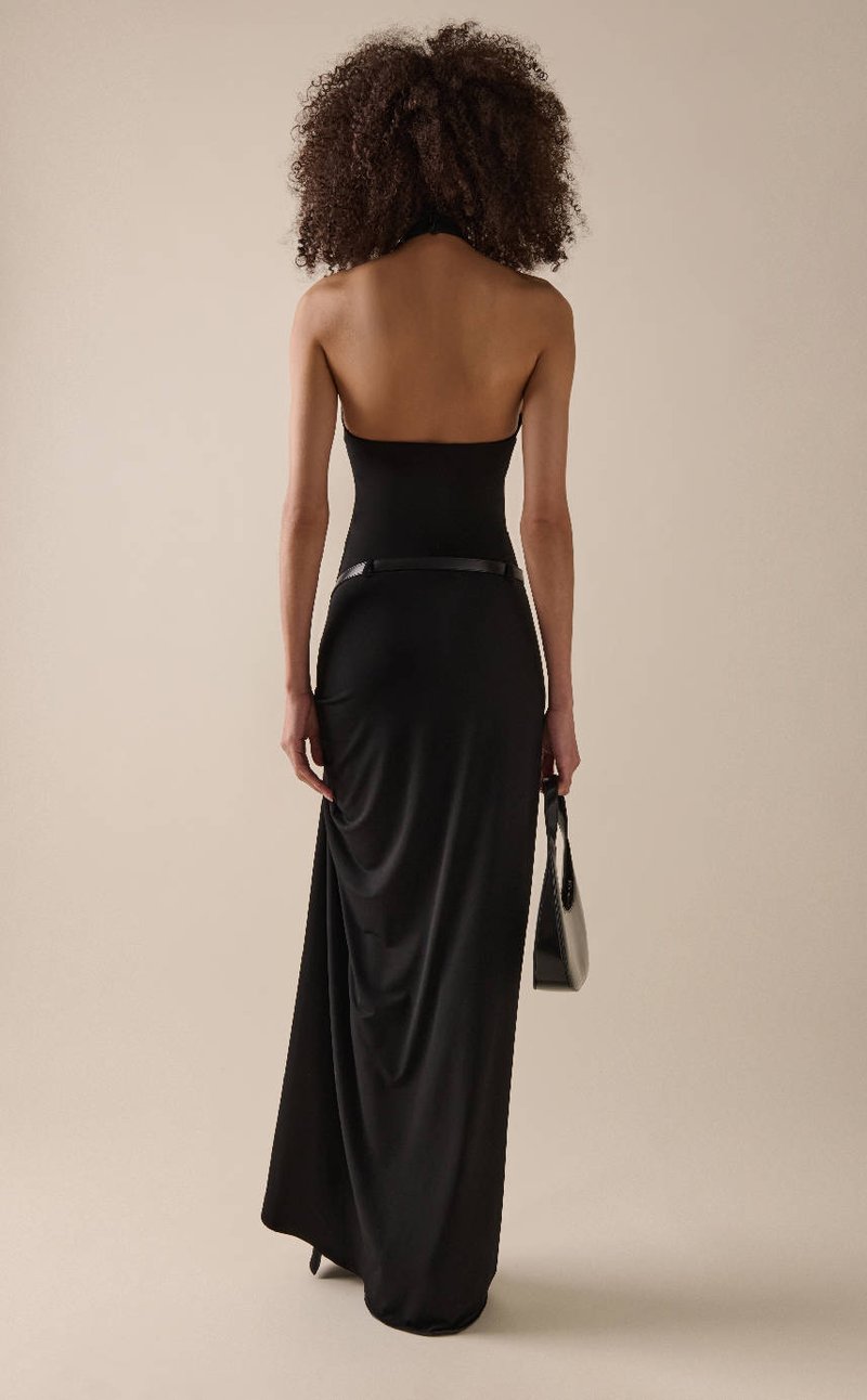 High Slit Draped Black Maxi Dress H6789