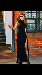 High Slit Draped Black Maxi Dress H6789