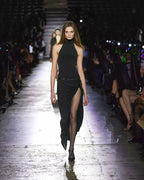 High Slit Draped Black Maxi Dress H6789