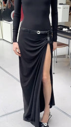 High Slit Draped Black Maxi Dress H6789