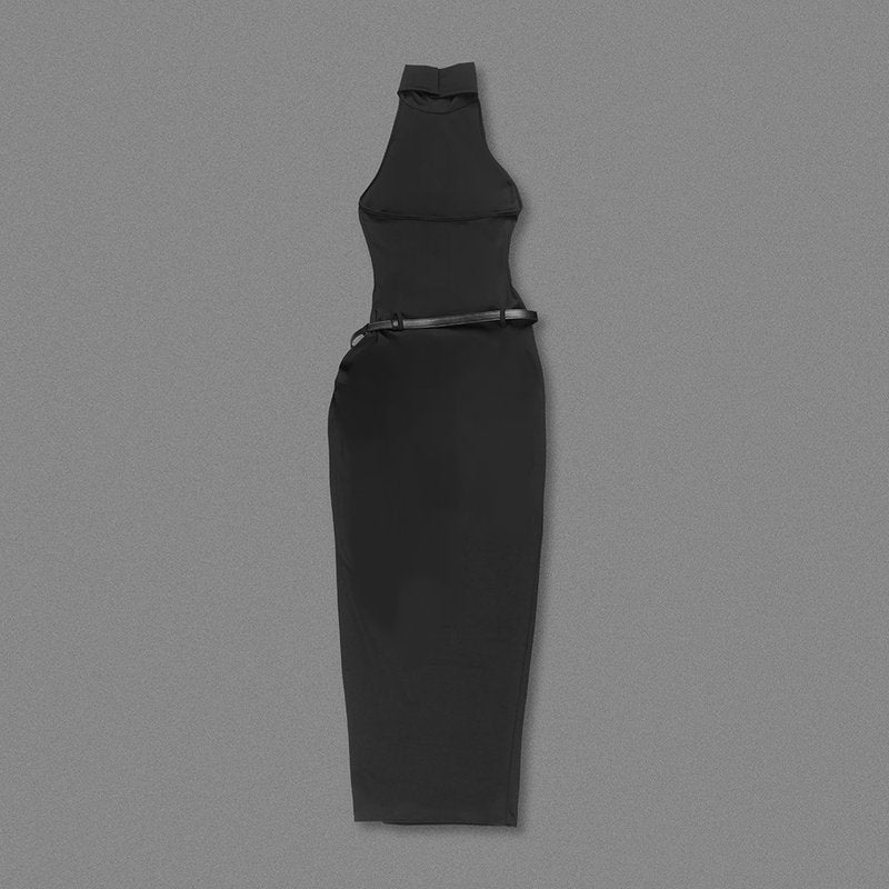 High Slit Draped Black Maxi Dress H6789