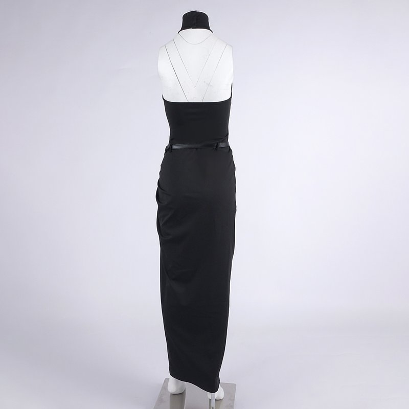 High Slit Draped Black Maxi Dress H6789