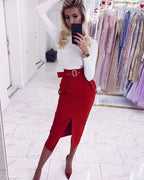 High Waist Belted Pencil Skirt H208