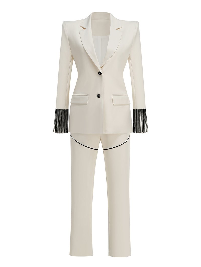 Ivory Fringe Sleeve Tuxedo Suit H7107