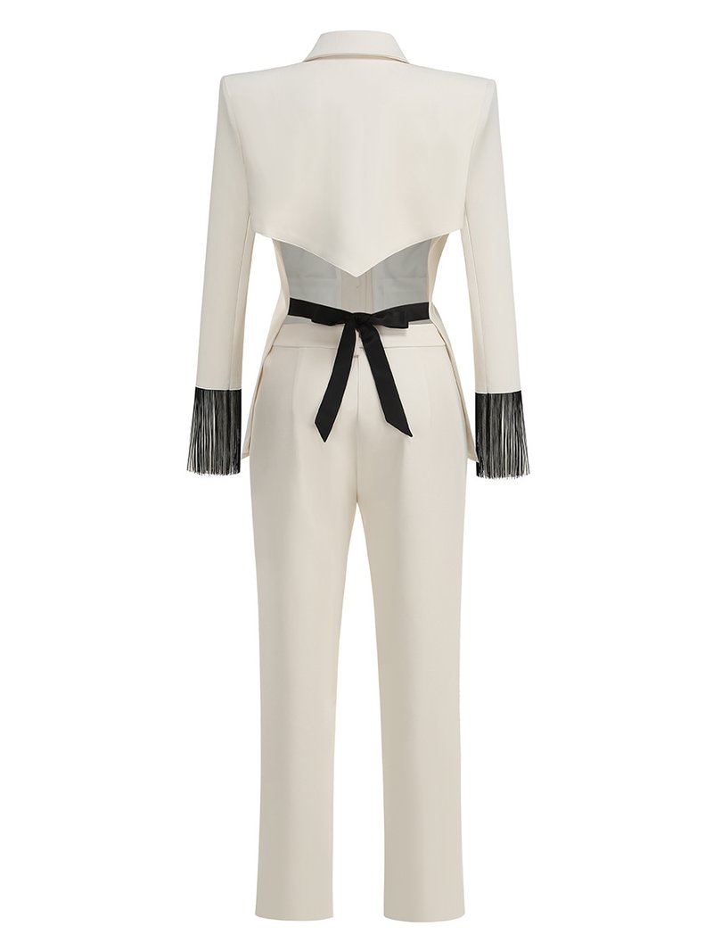 Ivory Fringe Sleeve Tuxedo Suit H7107