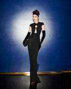 Keyhole Cutout Black Velvet Gown H6444