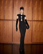 Keyhole Cutout Black Velvet Gown H6444
