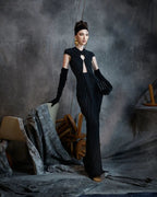 Keyhole Cutout Black Velvet Gown H6444