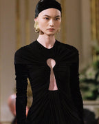 Keyhole Cutout Black Velvet Gown H6444