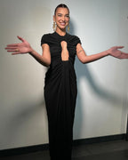 Keyhole Cutout Black Velvet Gown H6444