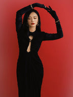 Keyhole Cutout Black Velvet Gown H6444