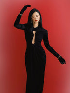 Keyhole Cutout Black Velvet Gown H6444