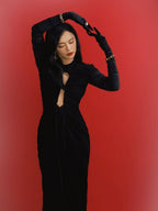 Keyhole Cutout Black Velvet Gown H6444
