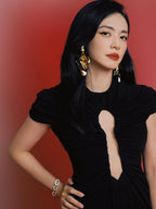 Keyhole Cutout Black Velvet Gown H6444