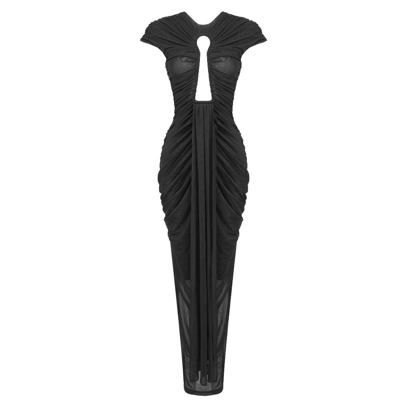 Keyhole Cutout Black Velvet Gown H6444