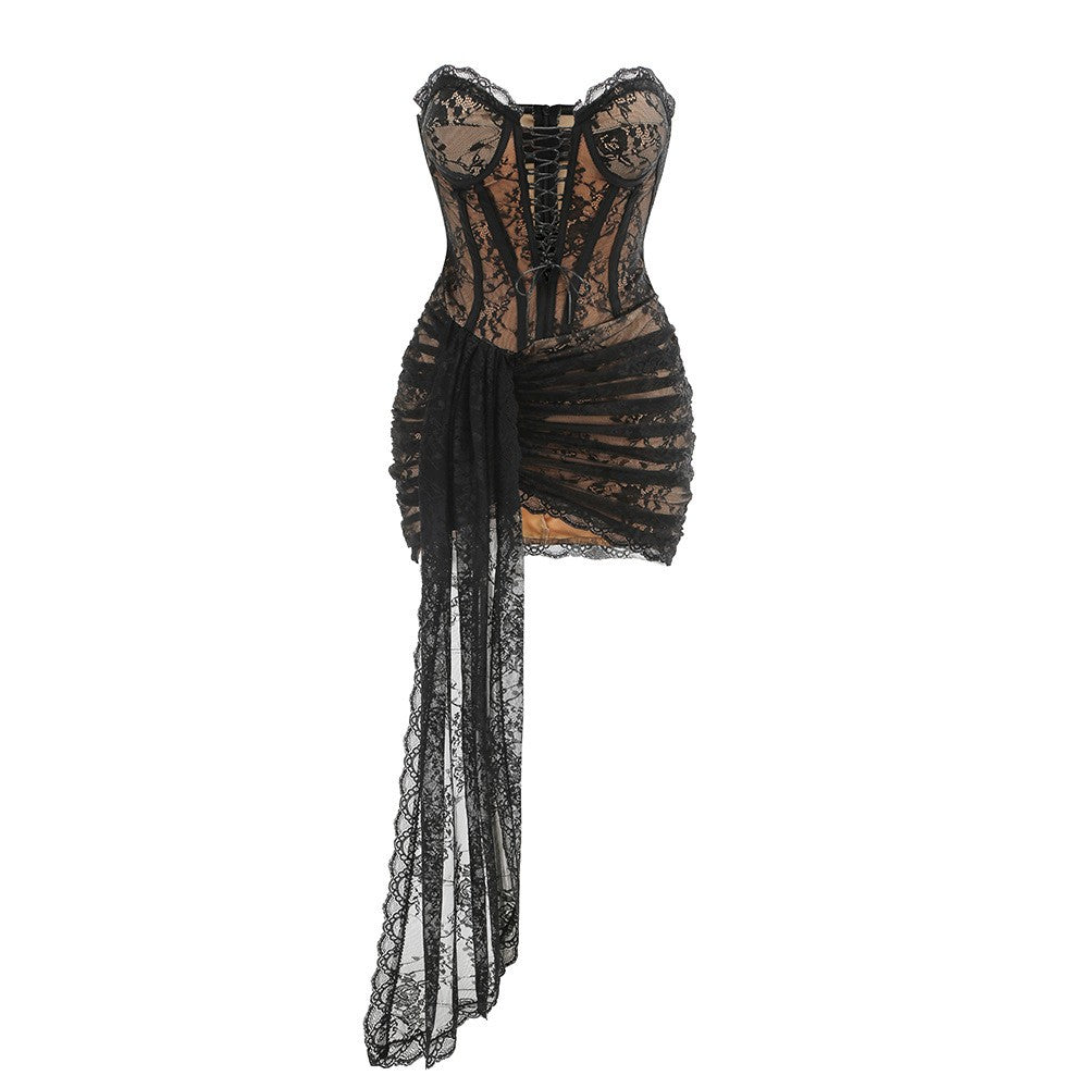 Lace Bustier Corset Sheer Drape Cocktail Mini Dress D2604