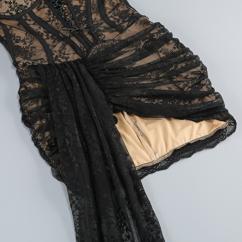 Lace Bustier Corset Sheer Drape Cocktail Mini Dress D2604