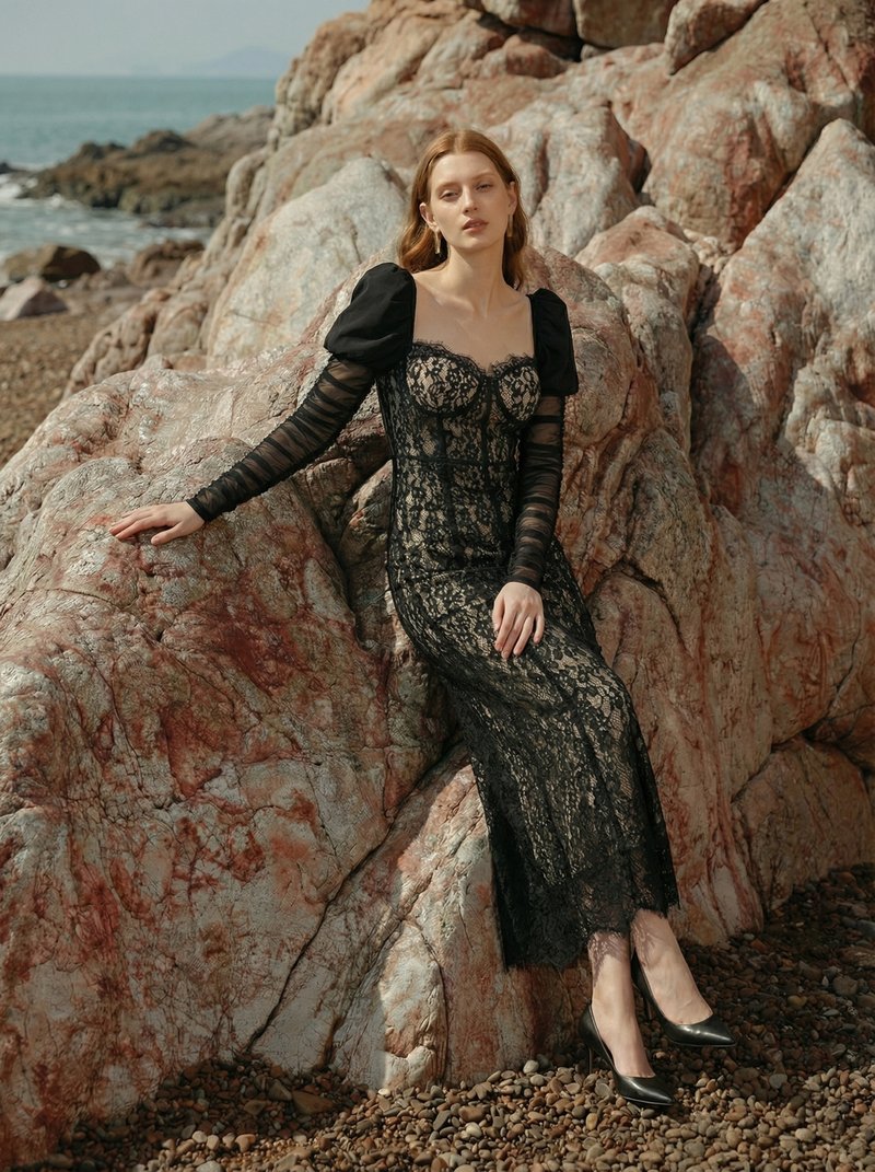 Lace Corset Midi Dress with Puff Sleeves H7063