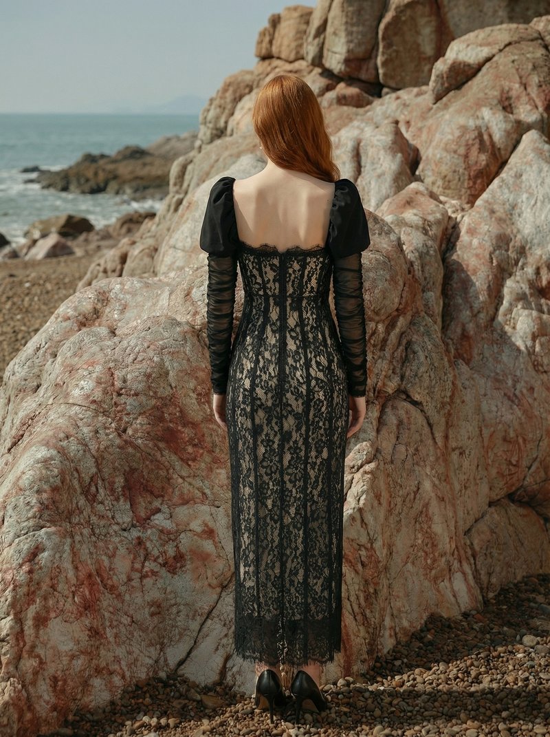 Lace Corset Midi Dress with Puff Sleeves H7063