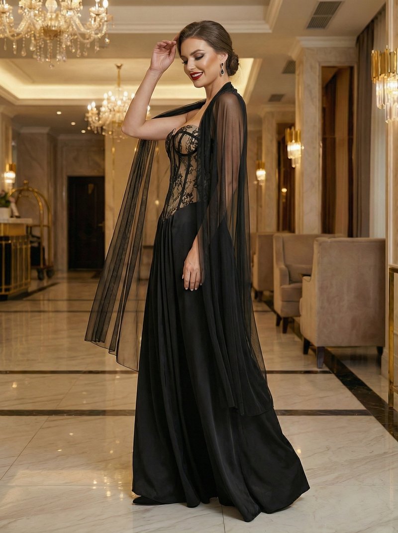 Lace Corset Sheer Cape Gown H7121