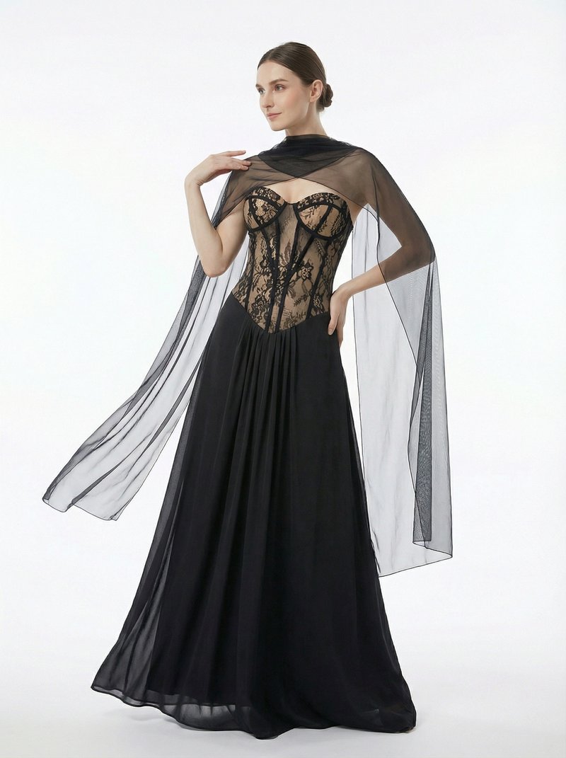 Lace Corset Sheer Cape Gown H7121