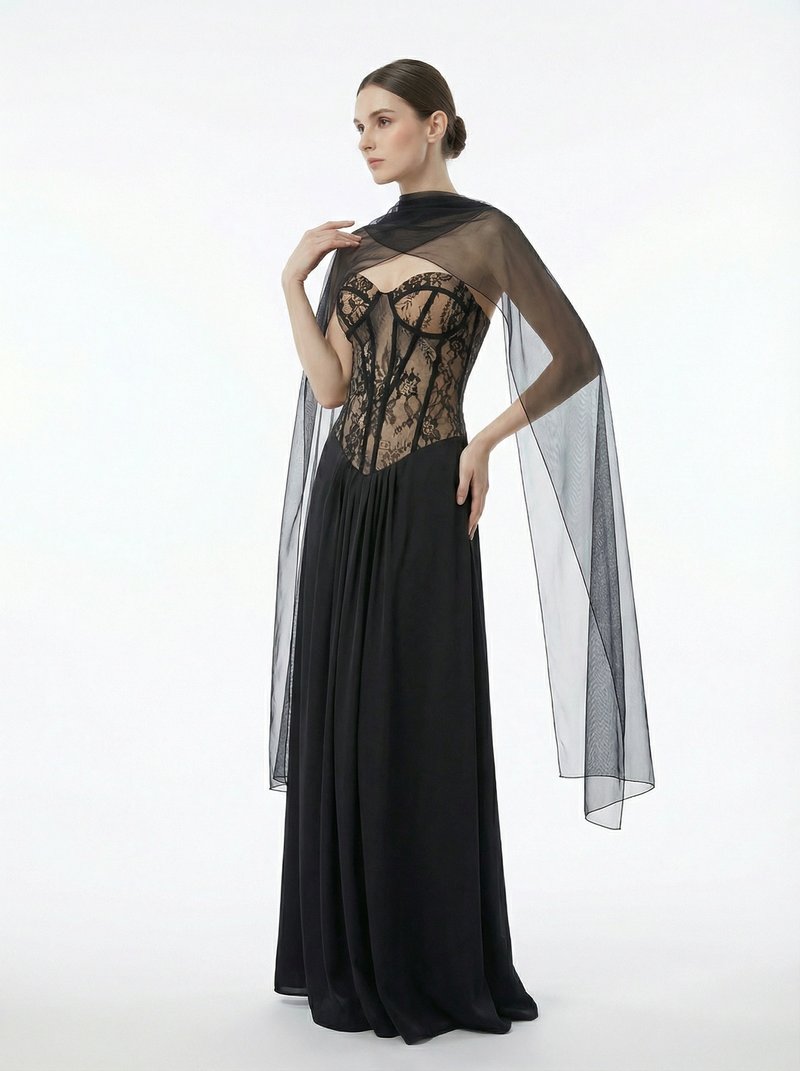Lace Corset Sheer Cape Gown H7121