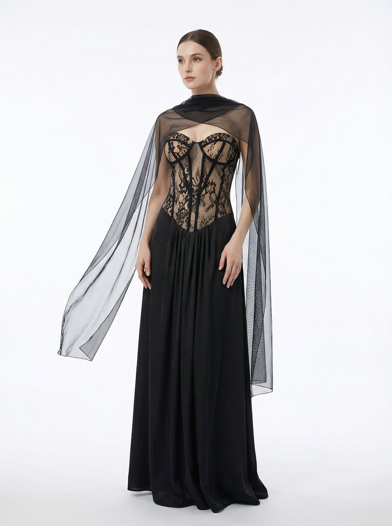 Lace Corset Sheer Cape Gown H7121