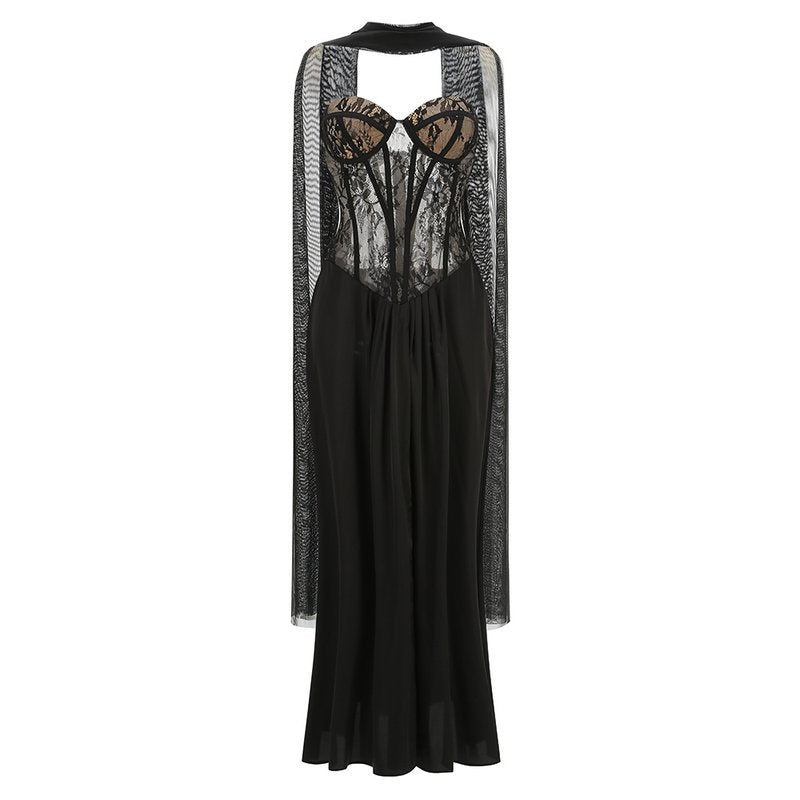 Lace Corset Sheer Cape Gown H7121