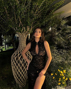 Lace Cutout High Slit Maxi Dress H6995
