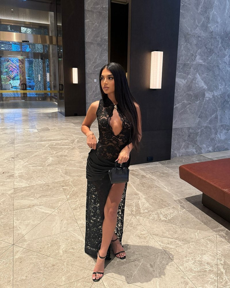 Lace Cutout High Slit Maxi Dress H6995