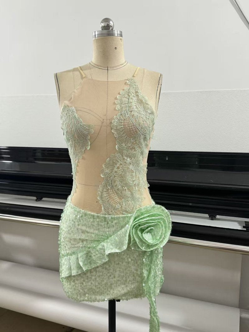 Lace Halter Top with Sequin Rose Skirt H7135