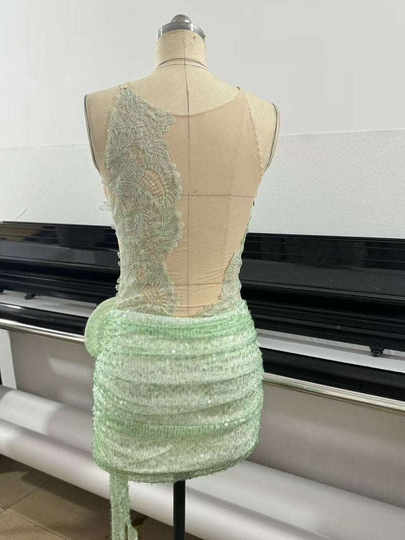 Lace Halter Top with Sequin Rose Skirt H7135