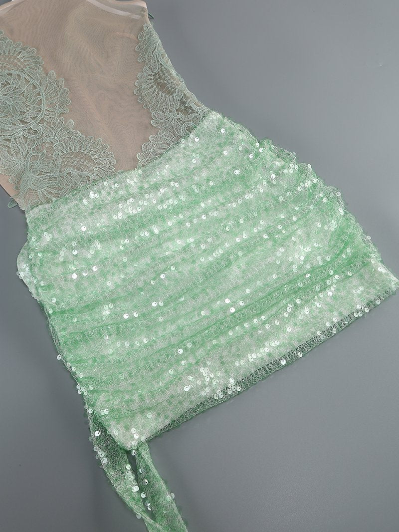 Lace Halter Top with Sequin Rose Skirt H7135