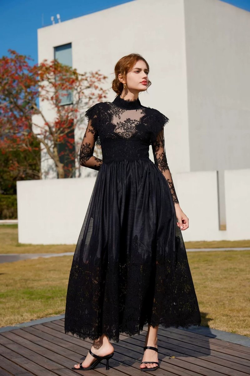 Lace High Neck Midi Dress H6423