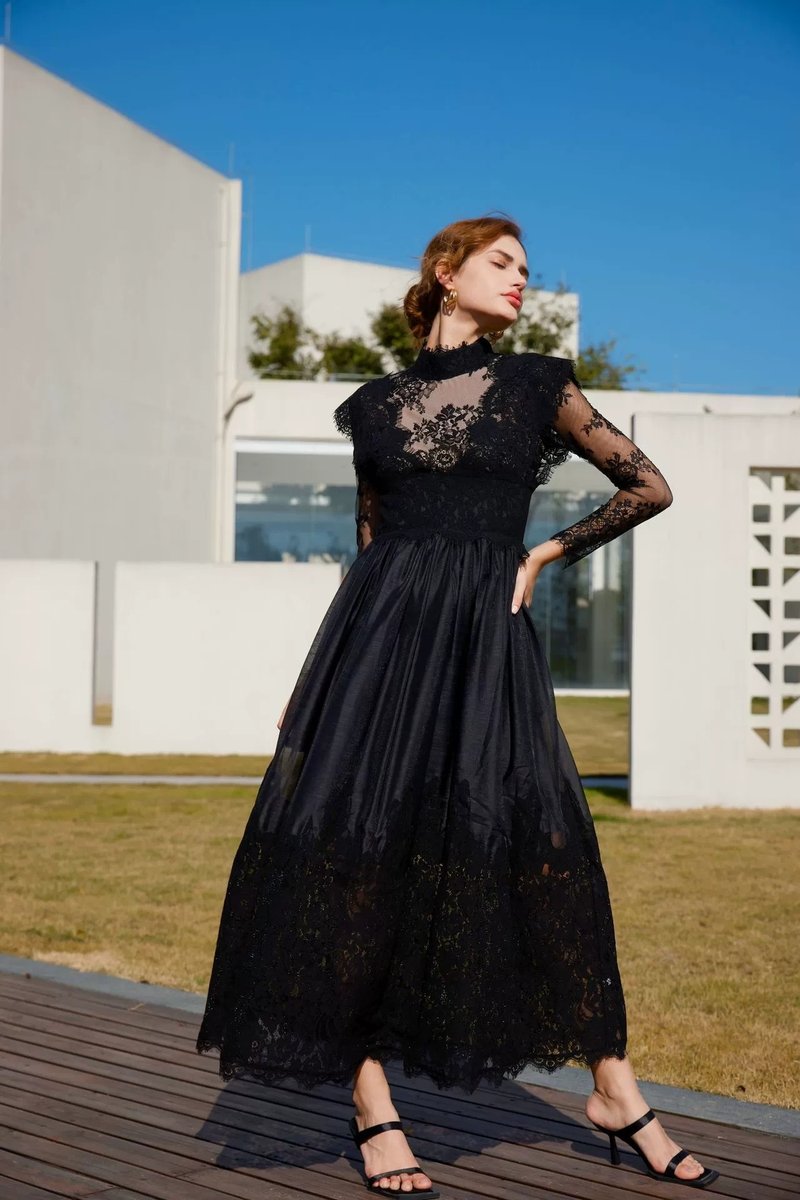 Lace High Neck Midi Dress H6423