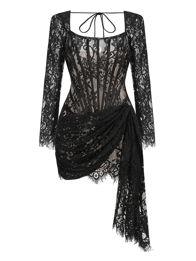 Lace Long Sleeve Corset Mini Dress H6502
