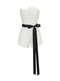 Lace Strapless Romper with Black Bow H6851