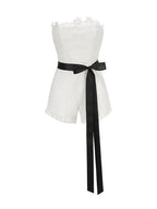 Lace Strapless Romper with Black Bow H6851
