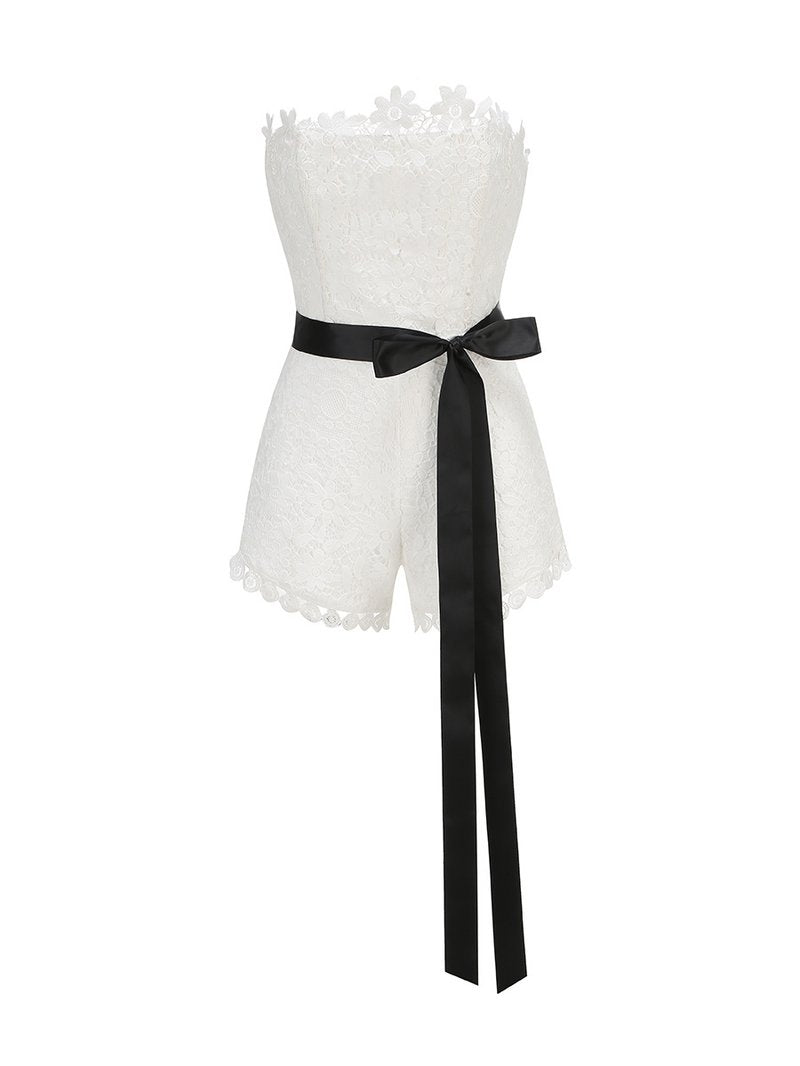 Lace Strapless Romper with Black Bow H6851