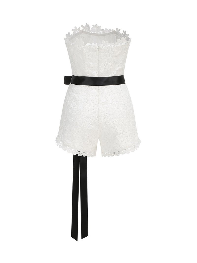 Lace Strapless Romper with Black Bow H6851