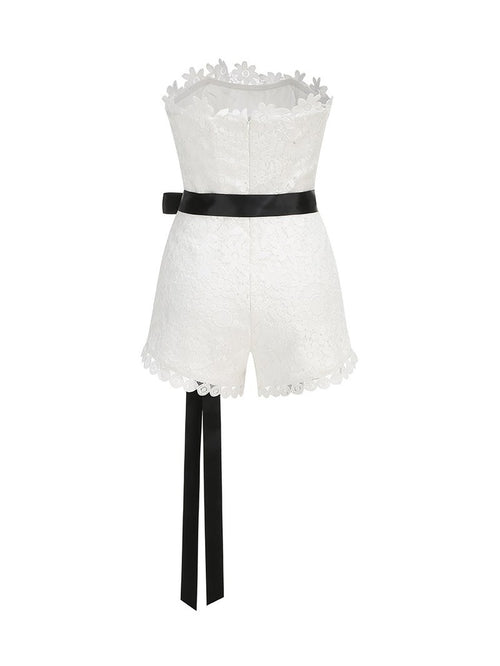 Lace Strapless Romper with Black Bow H6851